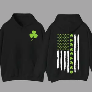 Lucky Shamrock American Flag Hoodie, St. Patrick's Day USA Flag Design, Patrick's Day Unisex Pullover, Retro St. Patrick's Day Gift For Men And Women, Women's & Men's  Shirts