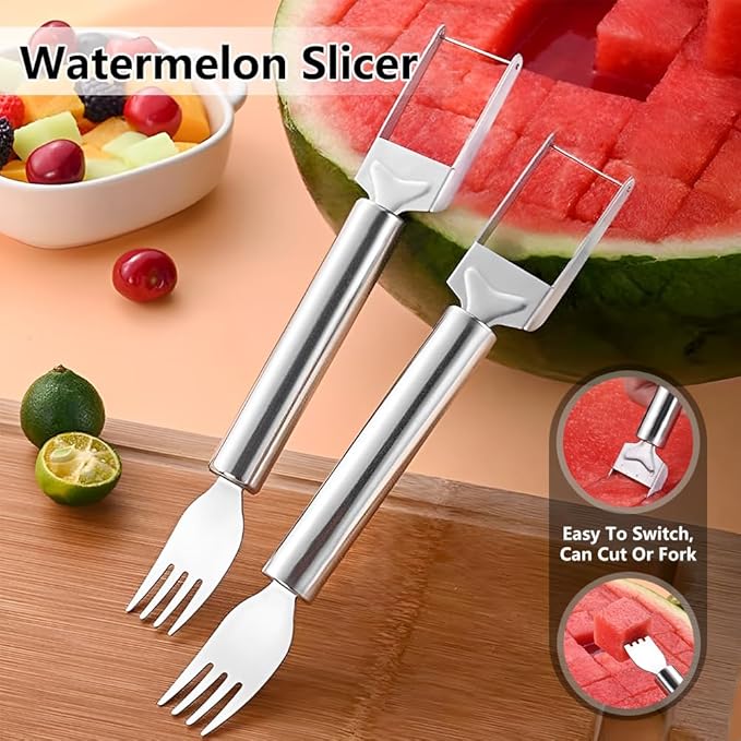 2-in-1 Stainless Steel Fruit Cutter, Watermelon Fork Slicer Tool, Watermelon Slicer and Fork, Dual Head Knife with Round Handle for Kitchen Fruit Cubes (1Pcs)