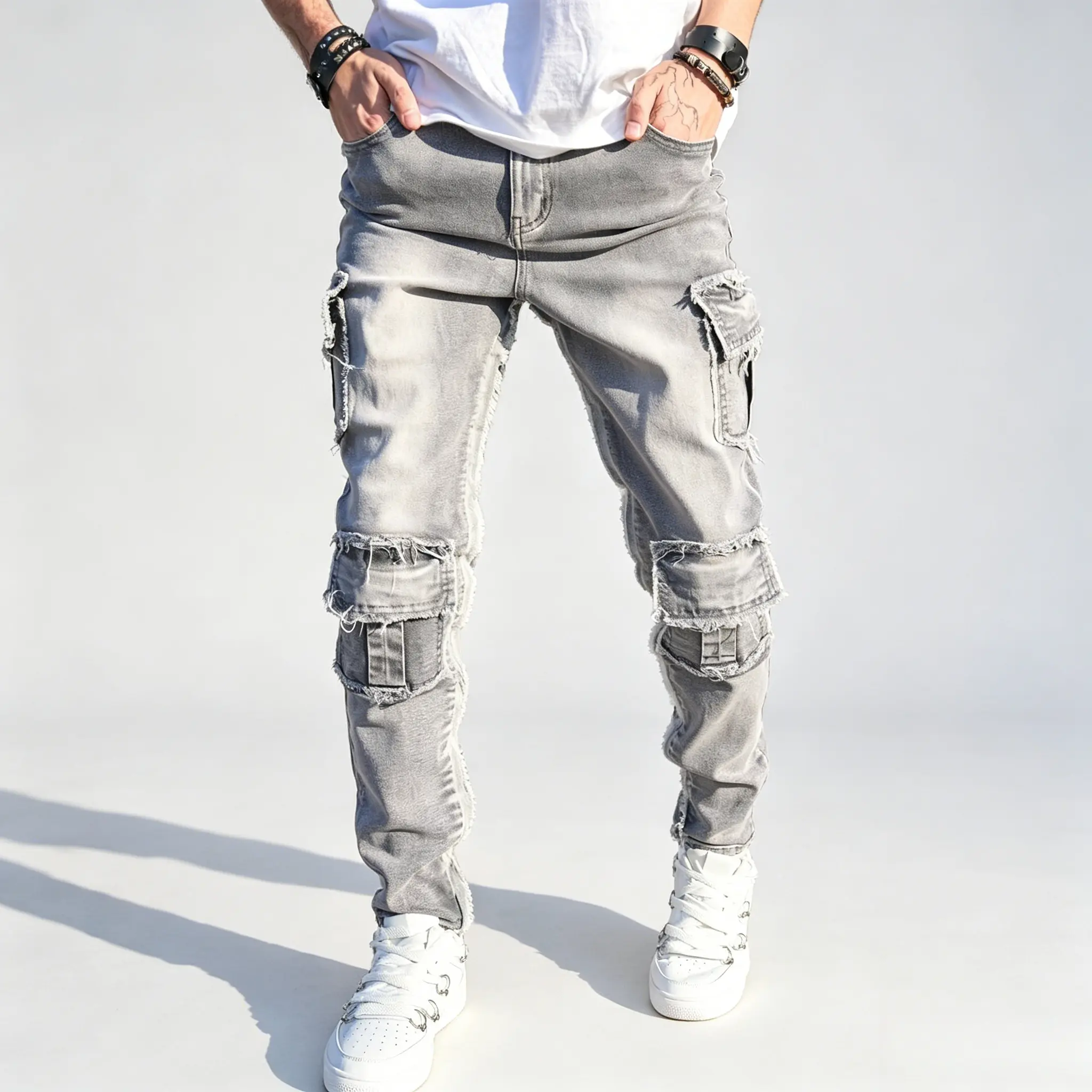 New Men Stylish Distressed Multi pocket Cargo Jeans Streetwear Male Trousers High Quality Solid Slim Casual Denim Pants Deals For You