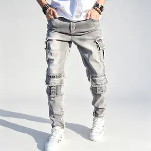 New Men Stylish Distressed Multi pocket Cargo Jeans Streetwear Male Trousers High Quality Solid Slim Casual Denim Pants