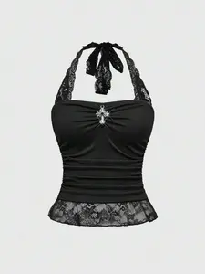 SHANIAH Gothic Y2K Sexy Contrast Lace Halter Crop Top With Cross Waist Ruched Bodycon Design
