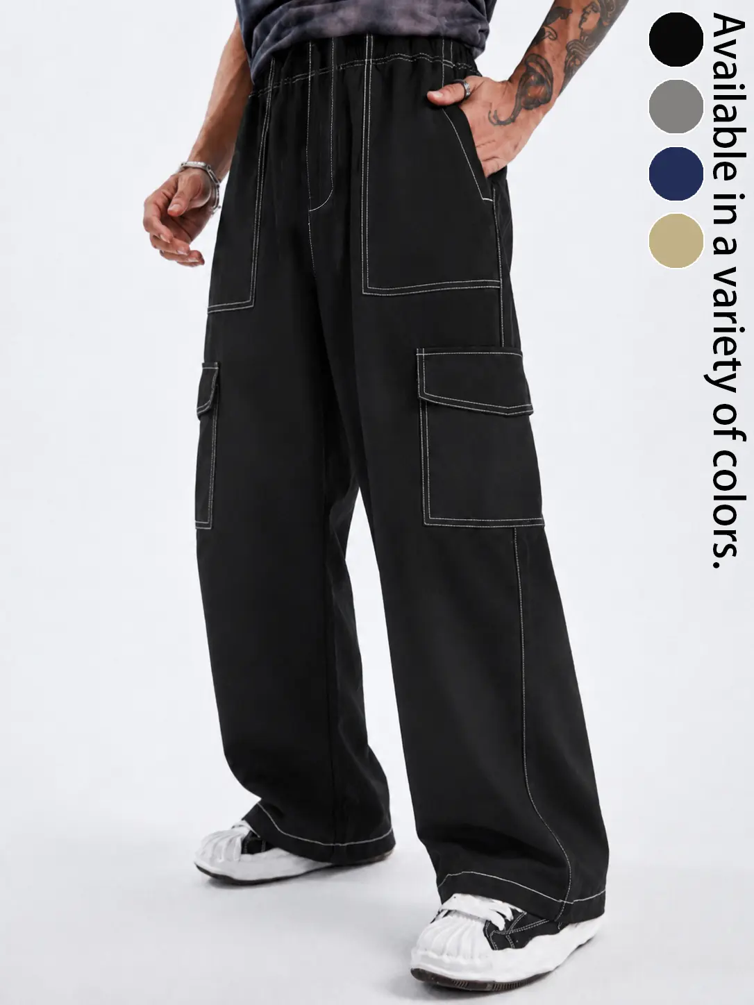 Men's Loose Fit Contrast Stitch Cargo Pants, Wide Leg Utility Work Trousers with Multi Pockets, Elastic Waist, Straight Leg Baggy Streetwear Pants for Casual Daily Wear, Hip Hop Outfit, Outdoor Travel, Y2K Fashion, Unisex Style, Everyday Urban Outfit Look