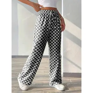 Plaid Print Casual Loose Wide Leg Pants With Tie Waist