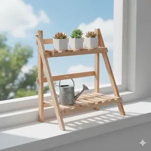 Double-Tier Space-Saving Natural Wood Foldable Storage Rack - Double-Layer Folding Support Frame, Desktop Organizer, Floor-Standing Decor for Living Room, Balcony, Sofa Side