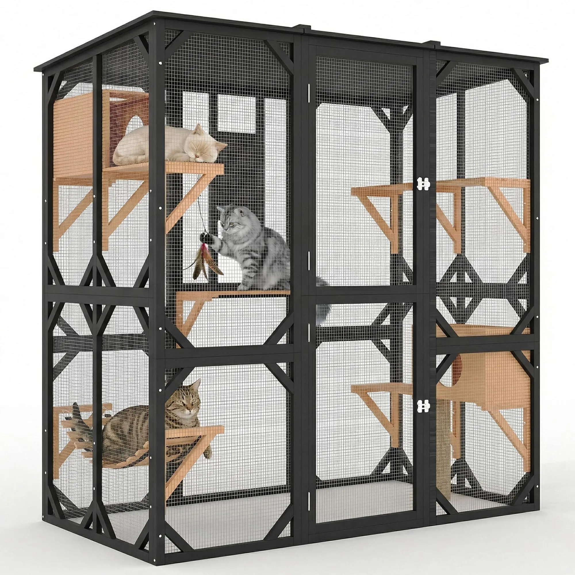 Black Wooden Walk-In Outdoor Cat Enclosure - Large Patio Cage with 4 Platforms, 2 Raised Houses, Hammock, Waterproof Roof, Deck, Scratching Post, Year-Round Safe for Garden Use (Fits 2-4 Cats)