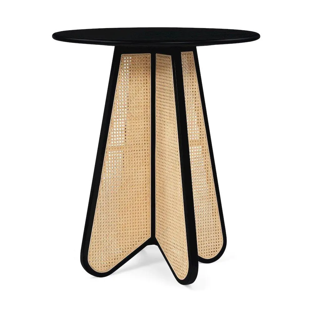 Butterfly 36 in Round Top Black-Natural Solid Wood and Natural Cane Bar Height Outdoor Table