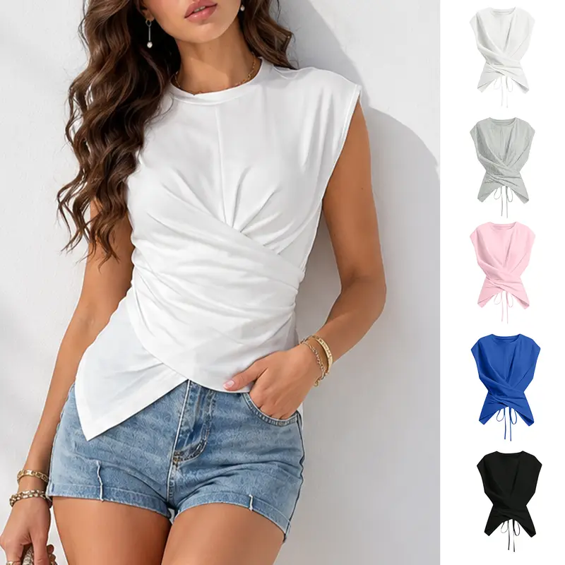 Buenoble Women Crew Neck Cap Sleeve Sleeveless Twist Front Cross Wrap Top Ruched Waist Slim Fit Irregular Split Hem Casual Summer Going Out Business Casual Blouse Tops
