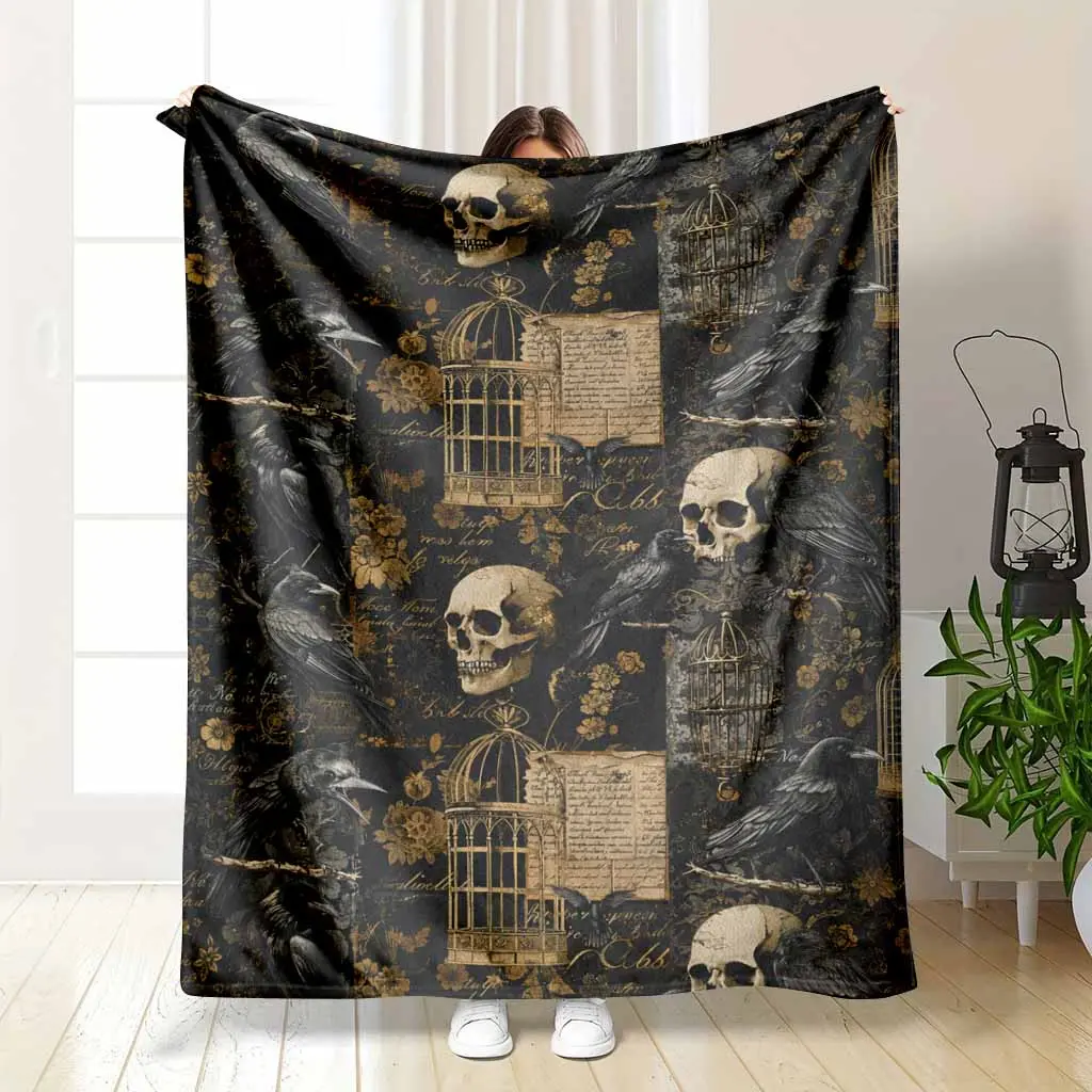 Gothic Raven Skull Flannel Blanket with Vintage Birdcage Floral Script Print Soft Warm Lightweight Cozy Throw for Sofa Bed Reading Halloween Party Gift