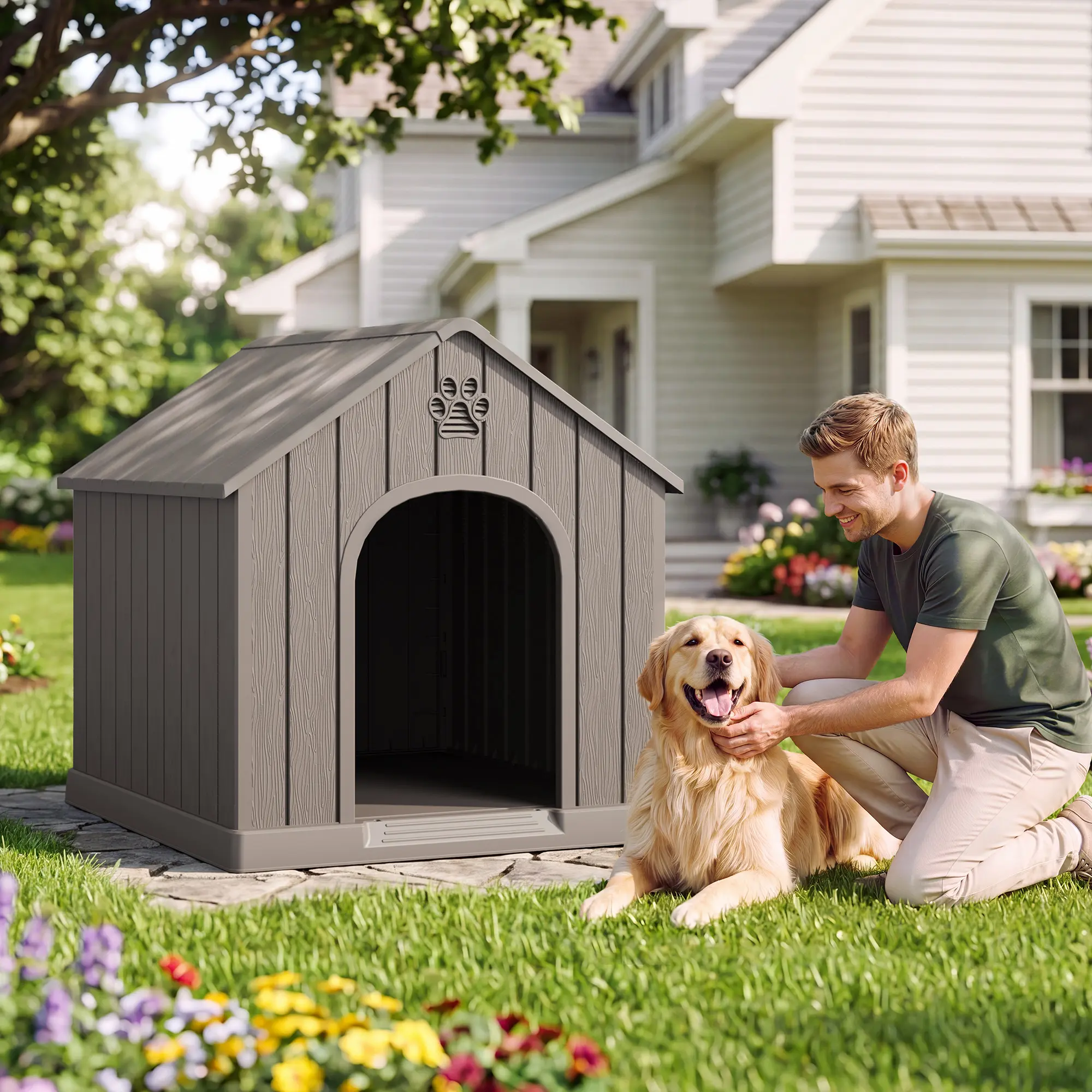 Durable Waterproof Plastic Dog/ Sheep House for Small to Large Sheep, Indoor Outdoor Pet Shelter with Ventilated Roof and Elevated Floor, Easy Assembly,Summervibes