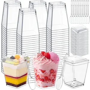 150 Pcs (50 Cups, 50 Lids, 50 Spoons) - Mini Dessert Cups with Spoons and Lids, 5 Oz Square Vasitos Para Postres, Shooters Cups for Party, Clear Yogurt Parfait Cups for Pudding, Fruit, Mousse, Snacks & Appetizers
