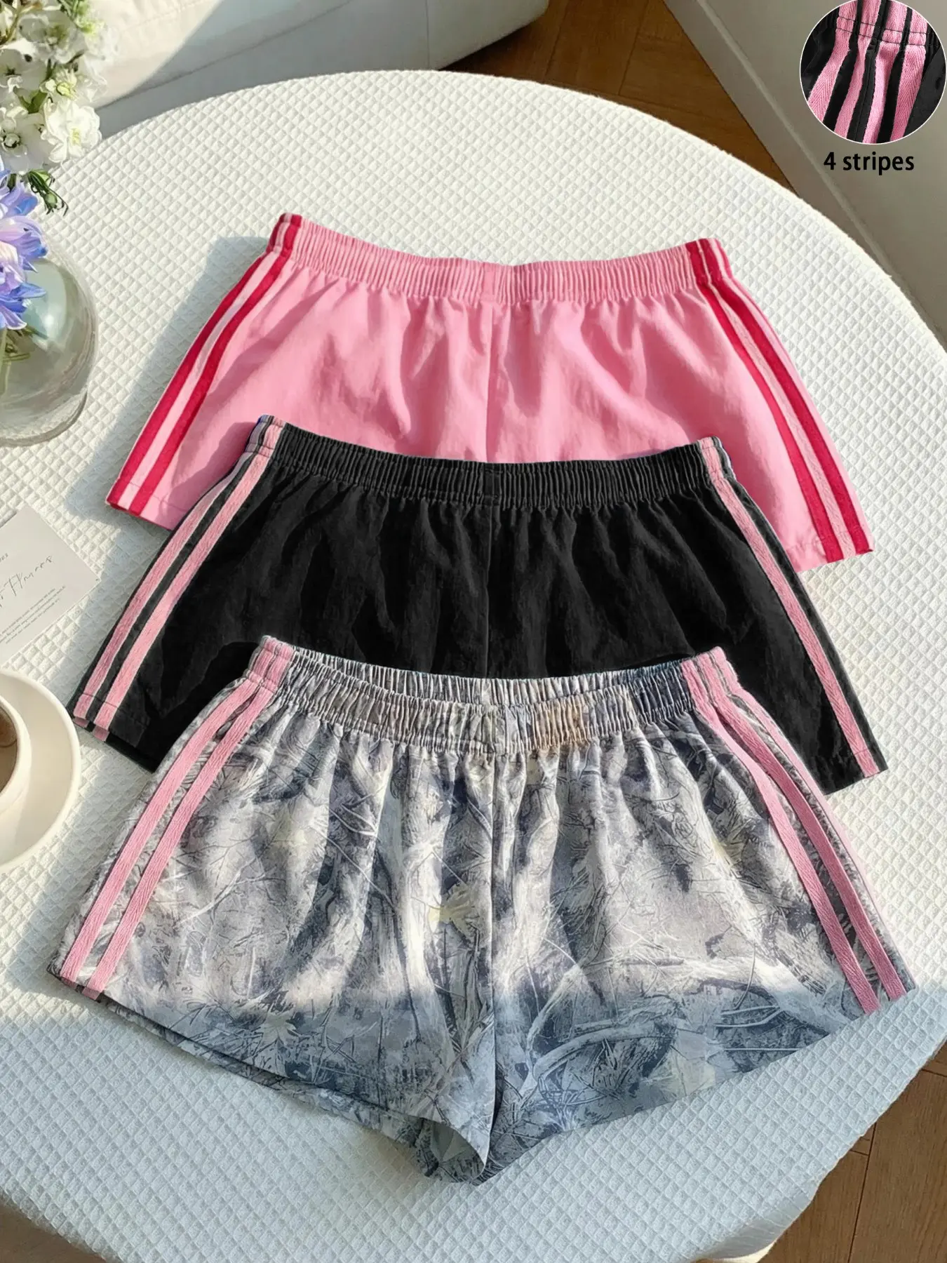 Women's Summer Casual Striped Athleisure Shorts, Elastic Waist Loose Fit, Fashionable and Versatile, 3-Pack Sporty Bottoms, Casual Athletic Shorts