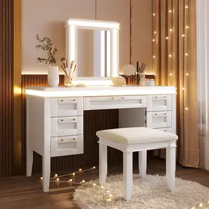 48" Vanity Desk with Mirror and Lights, Makeup Vanity with 7 Drawers and Cushioned Stool, Classic Beige Finish Dressing Table with Hollow Design Drawer for Bedroom, Rubber Wood Legs