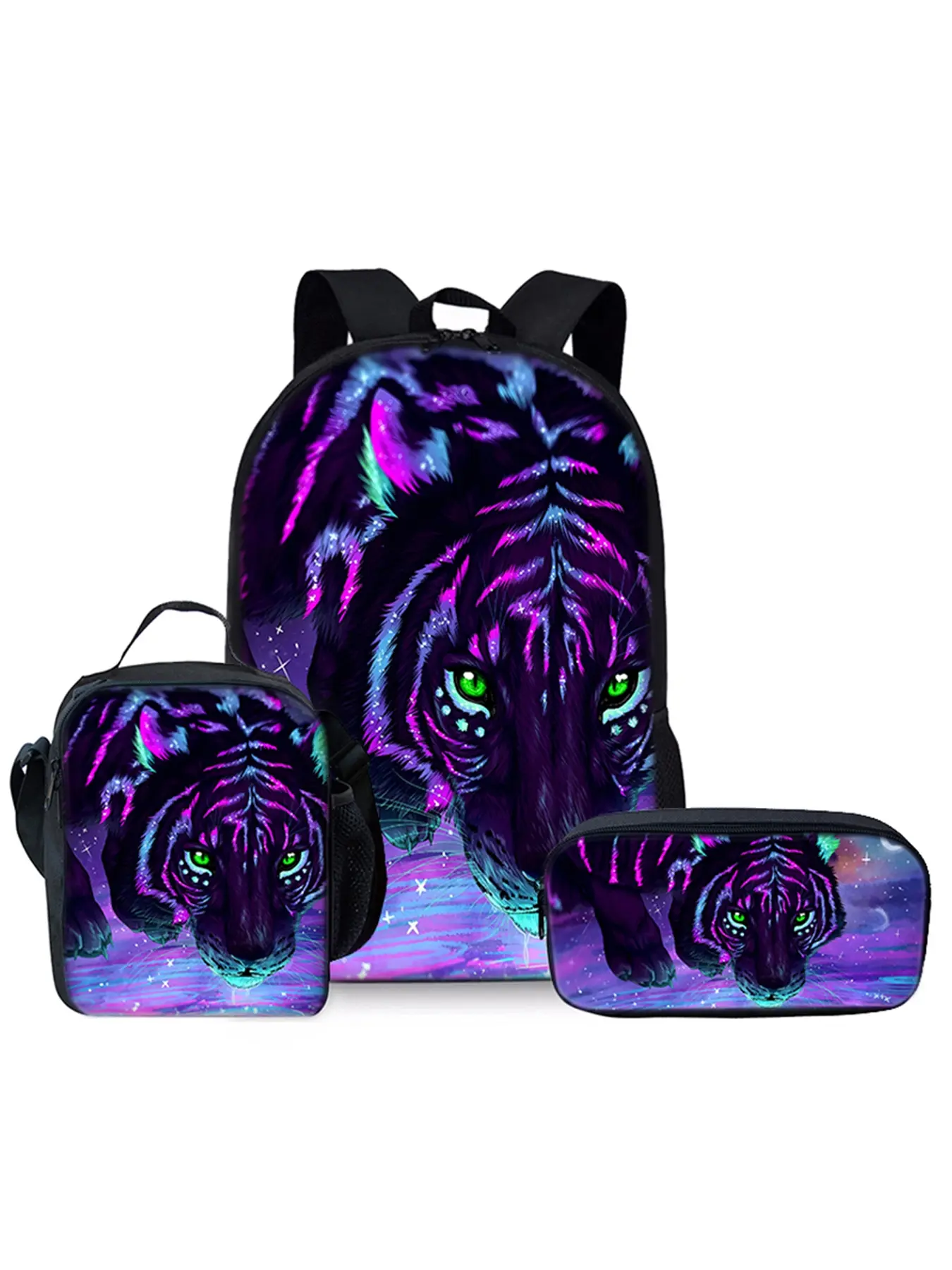 Tiger pattern printed 17-inch backpack three-piece set (single-layer backpack + shoulder strap lunch bag + single-layer pencil bag)
