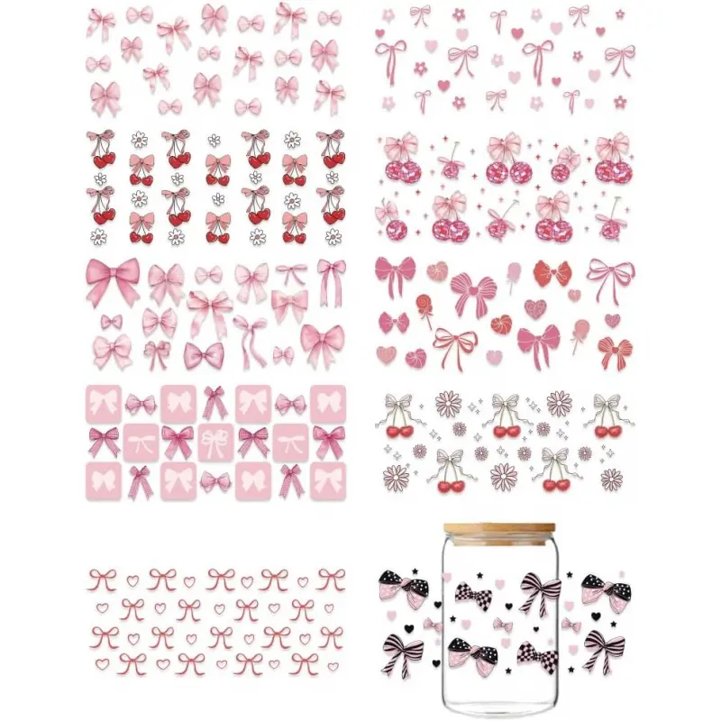 10 Sheets UV DTF Cup Wrap Transfer Stickers, Bowknot Pattern Rub on Decals Pink Bow Cute Cherry Waterproof Cup Transfer Decoration for DIY Bottles Drink Jam Cake Container