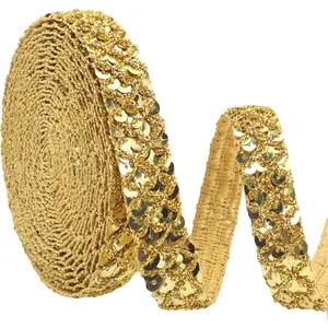 Gold Sequin Inelastic Glitter Ribbon Trim for Crafts Sewing Embellishments (5.5 Yards, 0.9 Inch)