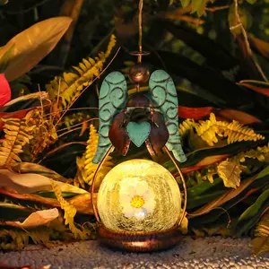 Outdoor Decoration, Angel Statue, Solar Ornaments, Ironwork Decoration, Cracked Glass Ball,Suitable For Courtyards, Gardens and Lawns