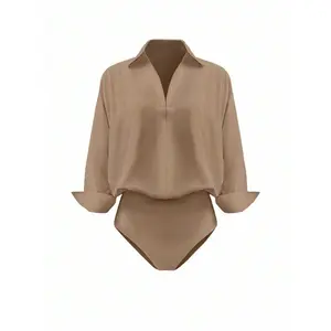 Plus Size Women's Solid Color Drop Shoulder Long Sleeve Turndown Collar Casual Bodysuit