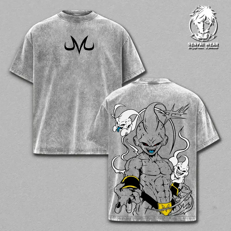 Men's Vintage Graphic T-Shirt, Majin Buu Oversized Casual Fit in Heavyweight Washed Cotton with Shoulder Tape, Classic Streetwear Apparel, Tops, Soft, Graphic Shirts