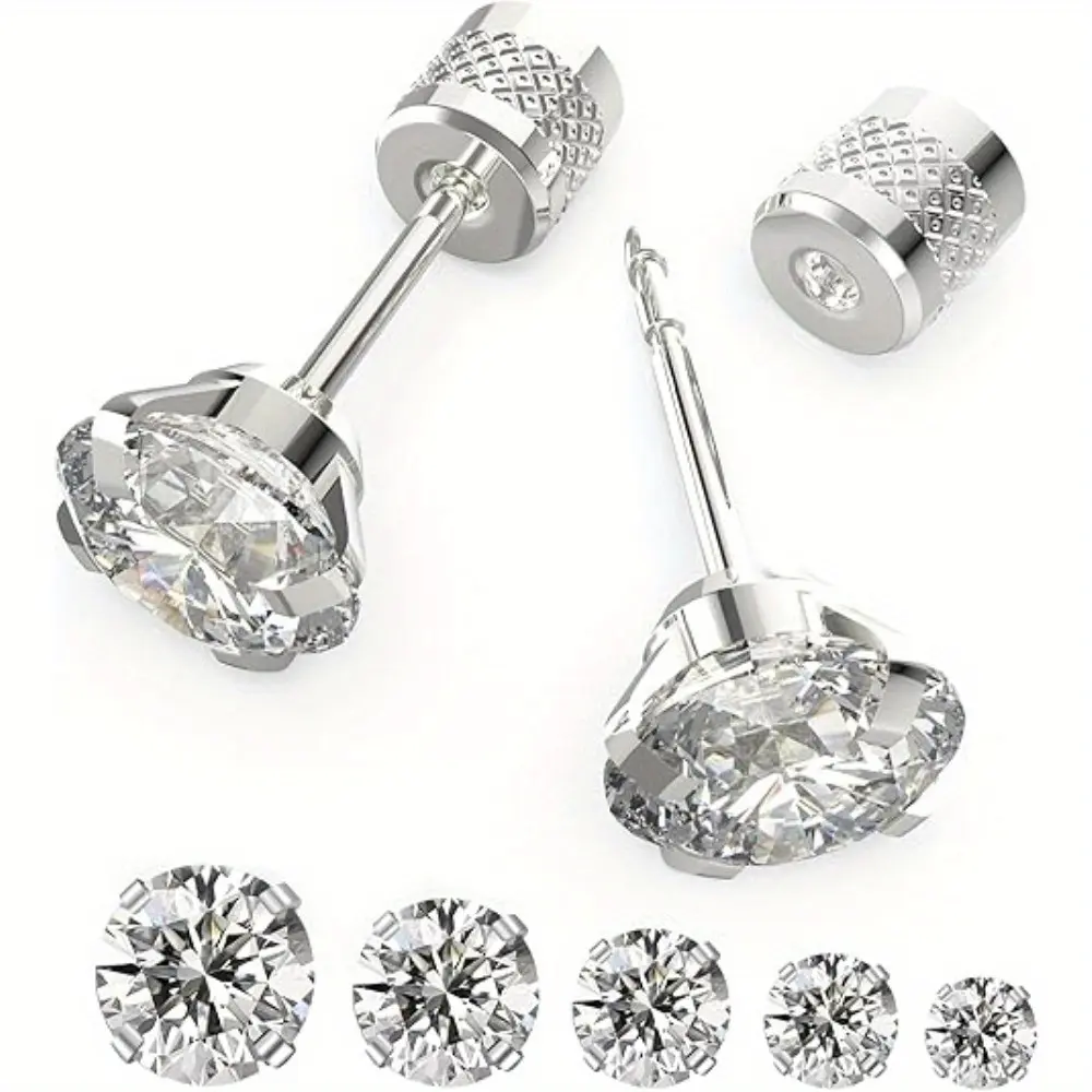 5 Pairs 4-8mm Push-in Flat Back Stud Earrings Hypoallergenic Surgical Stainless Steel Cubic Zirconia Earrings Studs Set, CZ Stud Earrings for Women Men Trendy Cartilage Stud Earrings Jewelry