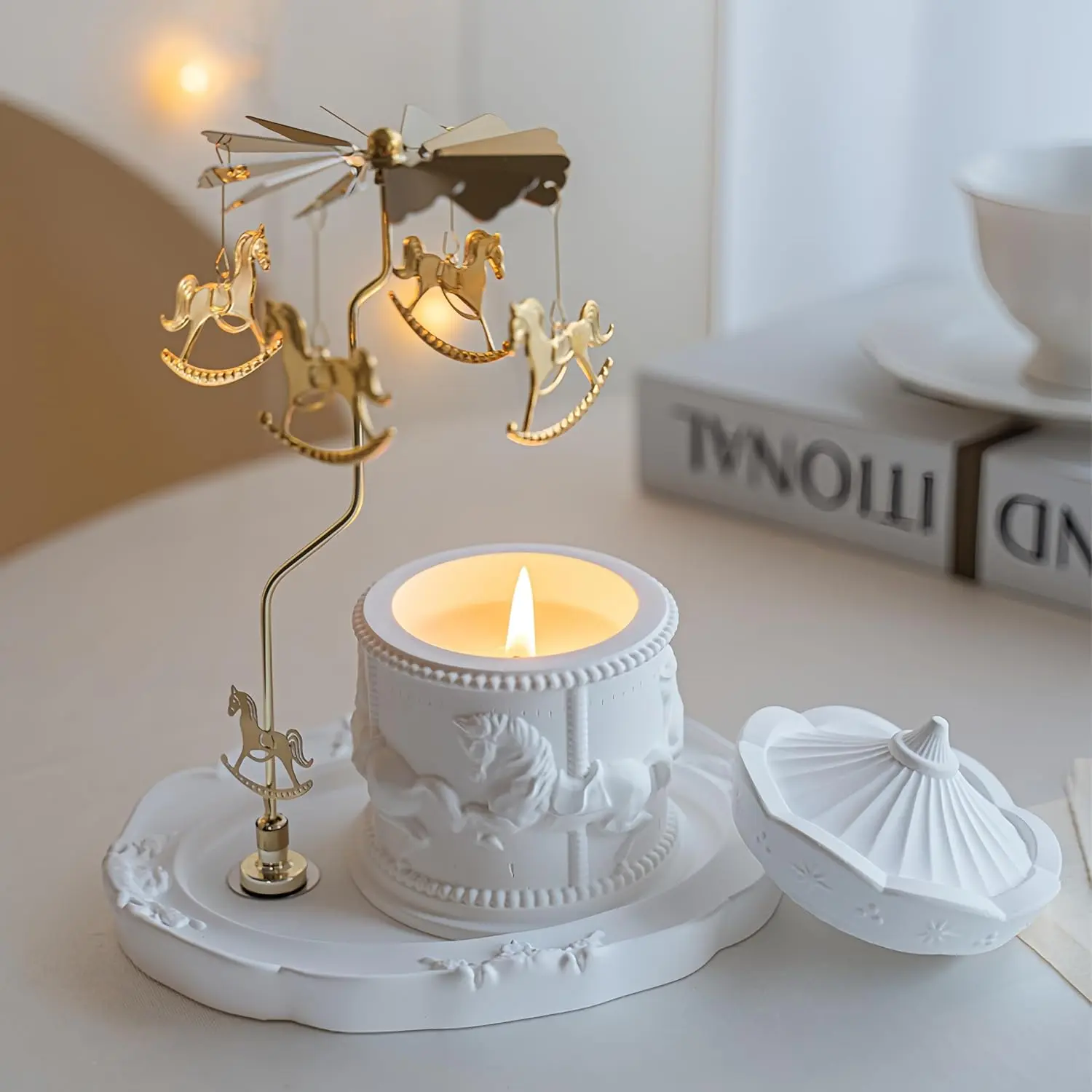 Candle Holder Carousel Metal Spinner Candle Tray for Home Decor,Handmade Scented Candle Holder for Candlestick,Bedroom Wedding Table Decor Housewarming Mother's Day Gift for Mom Women