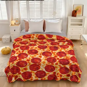 1 piece of food themed fun cartoon sausage pizza element flannel blanket is skin-friendly, soft, machine washable, suitable for office and home, suitable for all seasons, sofa blanket, bed blanket, Flannel Throw Blankets