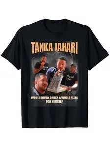 Tanka Jaharis will never order a bulk pizza meme T-shirt for herself, casual style, round neck, geometric pattern