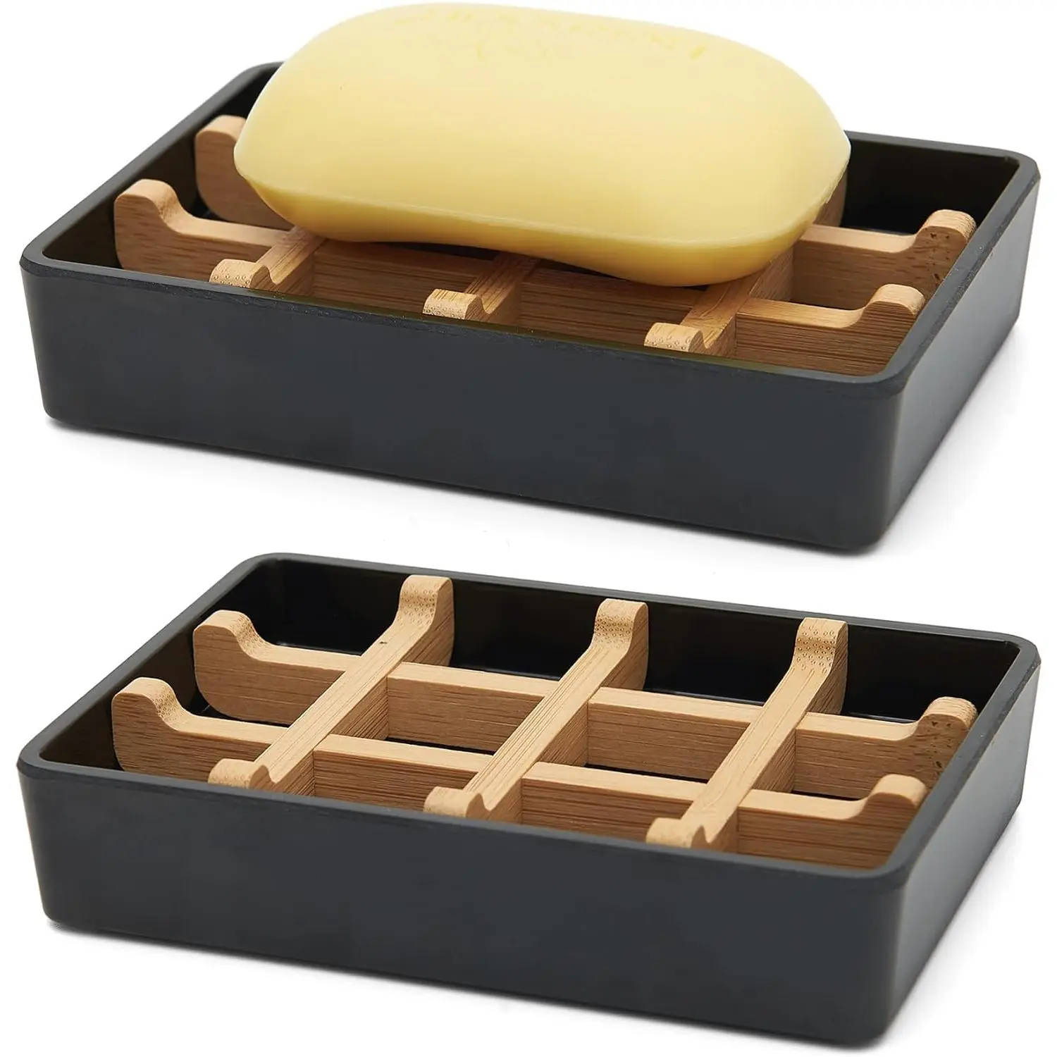 Soap Dishes for Shower with Drainage Wooden Soap Bar Holder for Bathroom Soap Tray Easy to Clean, Durable and with Non-Slip Pads(Single Black Square)