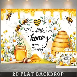 2D Flat, 1pc Large Honey Theme  Banner with "A Little Honey is on the Way" Text - Beehive, Bees & Daisy Flowers Design - Wedding, Birthday Party Decorations Suitable for, Baptism, Photo Booth Background - Perfect Gift for Parents & Party