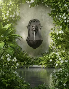 30" Solar-Powered Wall-Mounted Lion Head Fountain, Resin, Outdoor, Gray