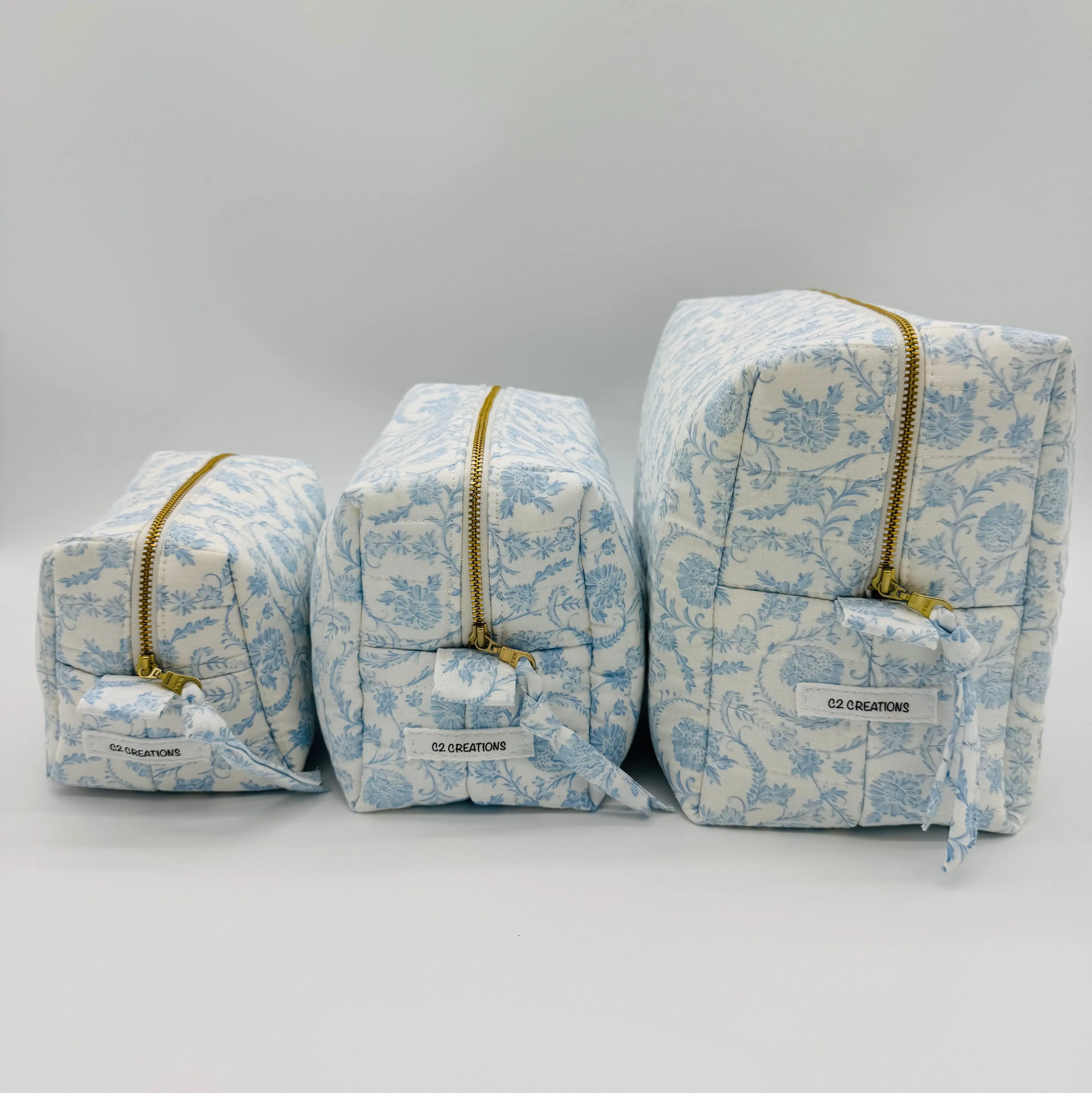 Handmade Boxy Makeup Bags - Blue Floral Pattern | Custom Cosmetic Storage