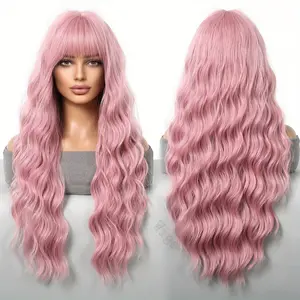 Fashion 26 Inch Pink Curly Bangs Wig, Long Wavy Wig-High Density Synthetic Hair, Suitable for Women, Perfect for Daily Wear, Cosplay, Music Festival, Halloween and Christmas