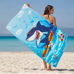 Large Soft Beach Towel with Fun Surf Shark Cartoon Design, Super Absorbent Microfiber Bath Towel, Quick Dry, Ideal for Beach Vacation