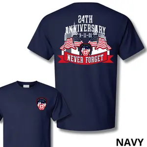 24th Anniversary 9/11 Memorial Firefighter T-Shirt, Never Forget Tribute Tee, American Flags and Fire Department Logo, Soft Cotton Blend Shirt, Honoring Heroes Apparel