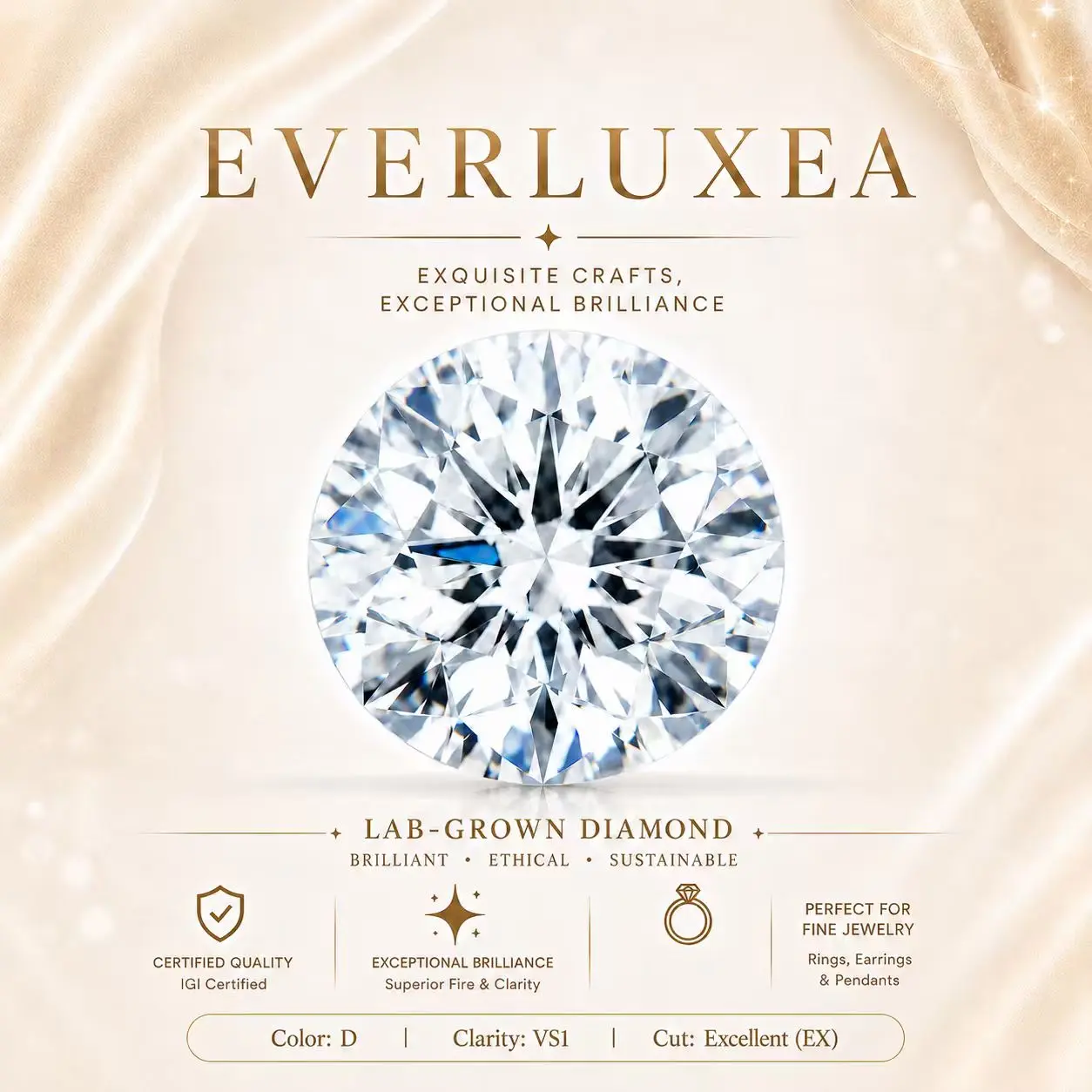 1/1.5/2/3CT IGI Certified Lab-Grown Diamond Loose Stone | Round Brilliant Cut | D Color | VS1 Clarity | Excellent (EX) Cut