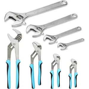 8-piece adjustable wrench and water pump plier set, 12/10/8/6inch, 4 adjustable tongue-and-groove pliers and 4 wide-mouth forged steel wrenches, suitable for pipe repairs, gripping, car and home repairs