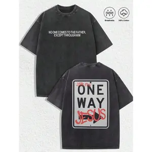 Christian "One Way Jesus" Graphic Tee:Washed Cotton Shirt With Front Biblical Text "NO ONE COMES TO THE FATHER, EXCEPT THROUGH HIM", Back "ONE WAY JESUS" Road Sign - Style Print, Retro Distressed Aesthetics.