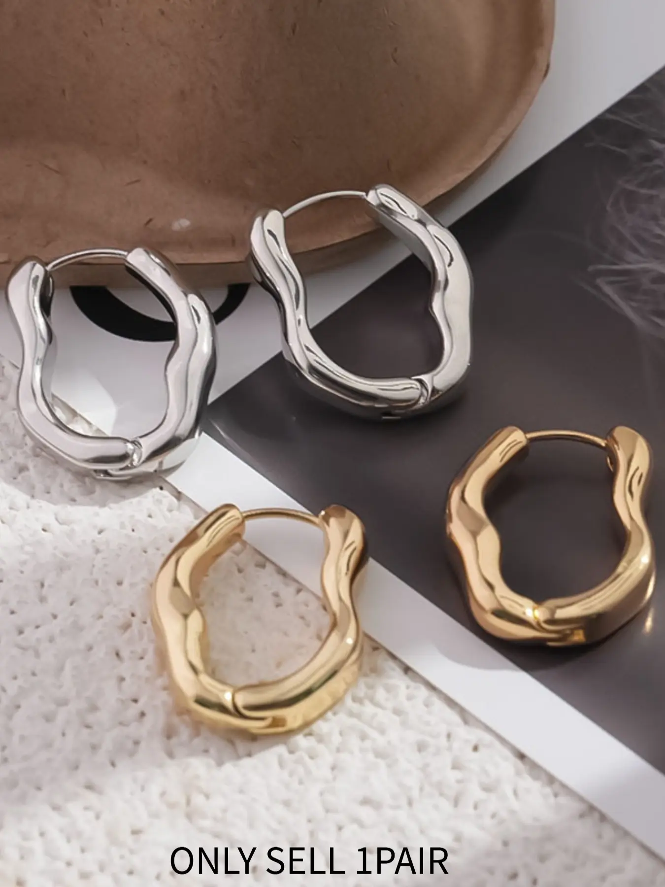 Minimalist Cool Silver Color Jewelry, Asymmetric Wavy Design, Minimal Stacking Hoops, Trendy High Quality Fashionable Earrings for Everyday Wear