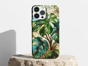 Stained Glass Phone Case Tough Protective Cover Monstera Plant Design Tropical Botanical iPhone Case Glossy Finish Durable Phone Cover Plant Lover Accessories Stylish Tropical Leaf Phone Case for iPhone 15 14 13 12 Mobile Cloth Custom