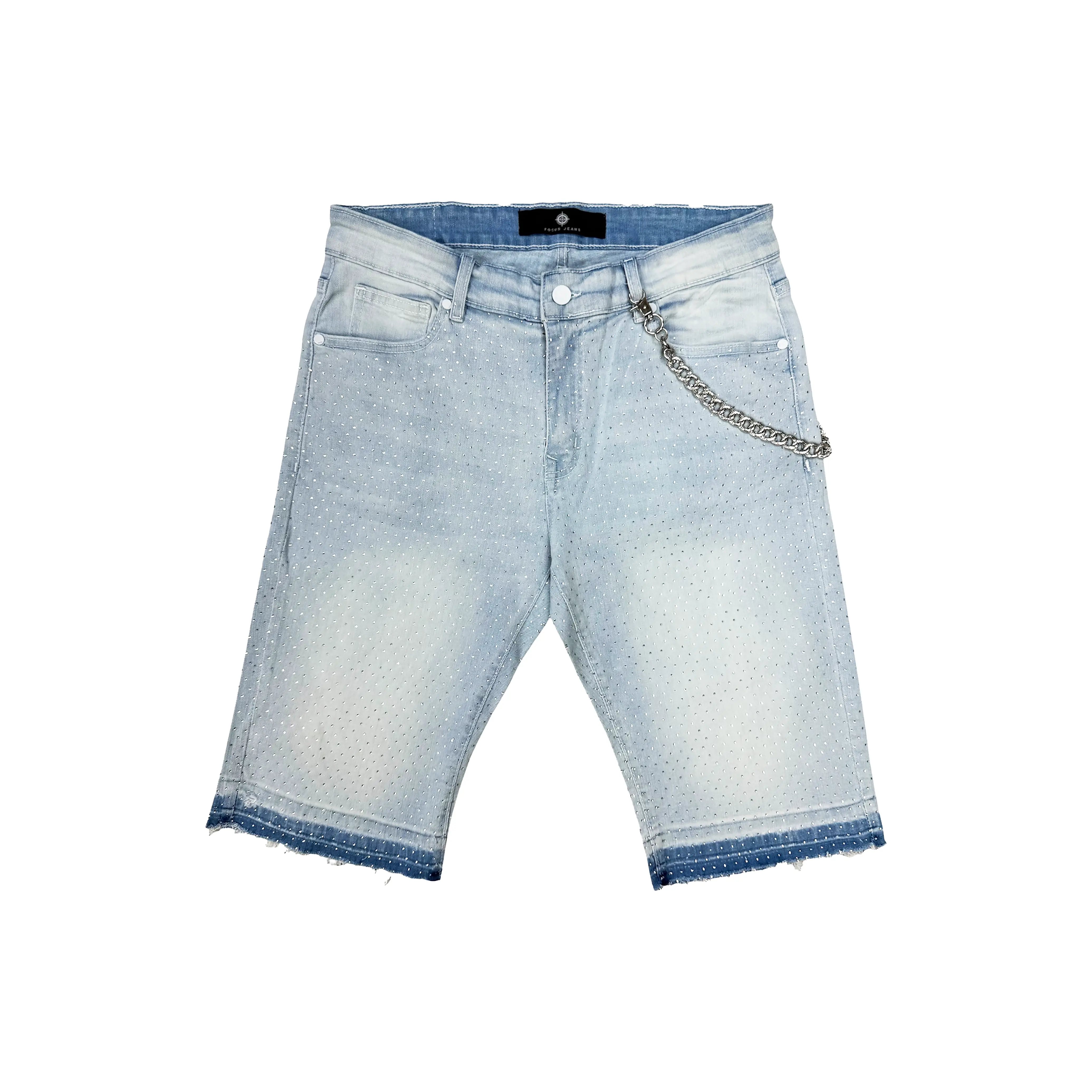 Men's Rhinestone Embellished Jeans Shorts with Included Metal Chain - Ice Blue Wash, Cotton Blend, 12" Inseam, Menswear, Rhinestones, Slim Fit, Streetwear, Zip, Spandex, Denim, Pocket, Studded Rhinestone Men's Jeans