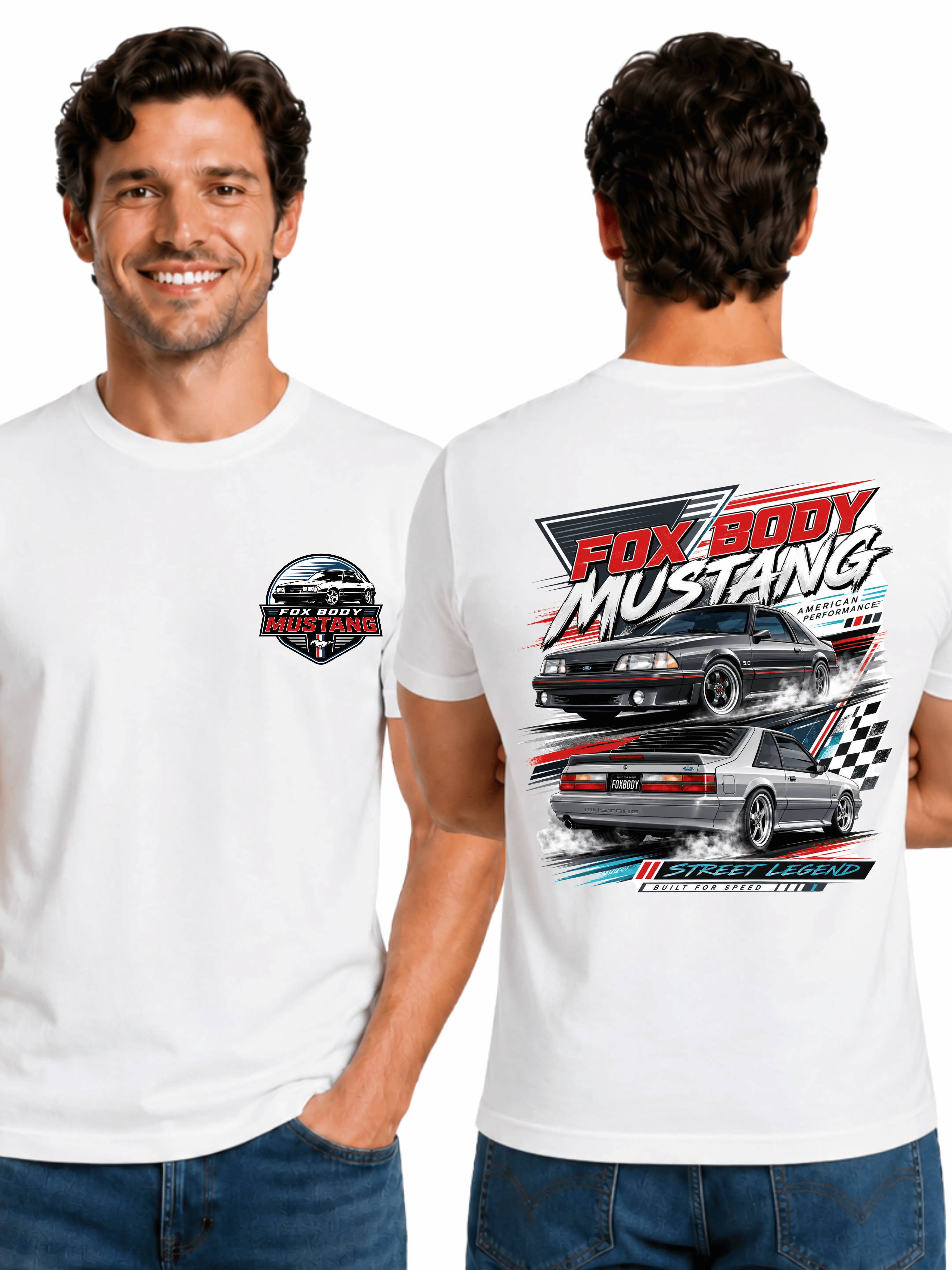 Men's Stylish Short-Sleeve Casual Streetwear T-Shirt - Fox Body Mustang Street Legend Graphic, 2-Sided American Performance Design, Shortsleeve