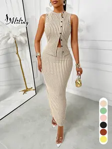 Aliling Striped Print Women's Two Piece Set Tank Top And Skirt Suit Slim Skinny High Waist Midi Long Skirt,Casual Sleeveless Button Vest Tops,Female Elegante Clothes Daily Wear