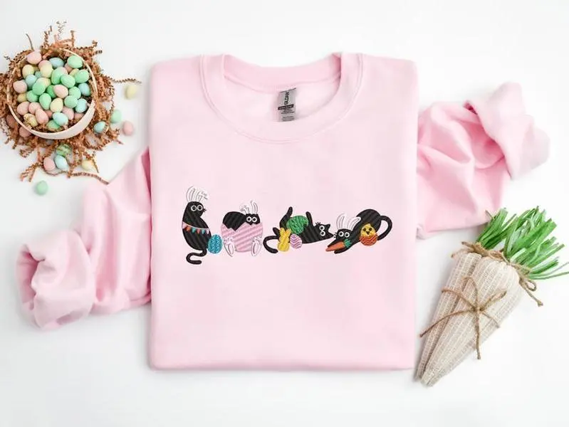 Embroidered Happy Easter Black Cat Sweatshirt, Embroidery Bunny Kitten Shirt, Black Cat Lover Shirt, Easter Cat Mom, Funny Easter Shirt