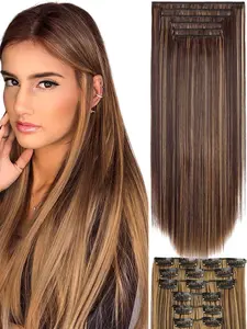 24 Inch 6 Piece Clip-In Hair Extensions, Long Straight Synthetic Hair Pieces, Highlights, Daily Use for Women and Girls, Synthetic Hairpieces