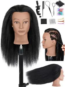 Mannequin head with 100% real human hair, mannequin head with real human hair, beauty doll head for hairdressers to practice braiding, styling, curling, and cutting hair. Display includes a stand and a tool kit