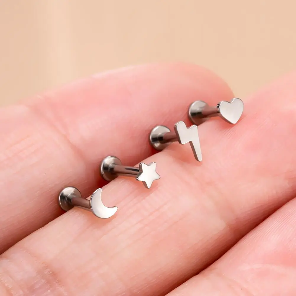 OUFER Body Jewelry 16G Titanium Internal Threaded Character Shaped Cartilage Stud - 6mm Bar, Celestial Symbol & Lightning Bolt Designs, Unisex Daily Earring Stack, Helix Piercing Earrings, Character Shaped Earrings