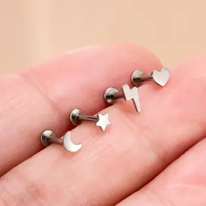 OUFER Body Jewelry 16G Titanium Internal Threaded Character Shaped Cartilage Stud - 6mm Bar, Celestial Symbol & Lightning Bolt Designs, Unisex Daily Earring Stack, Helix Piercing Earrings, Character Shaped Earrings