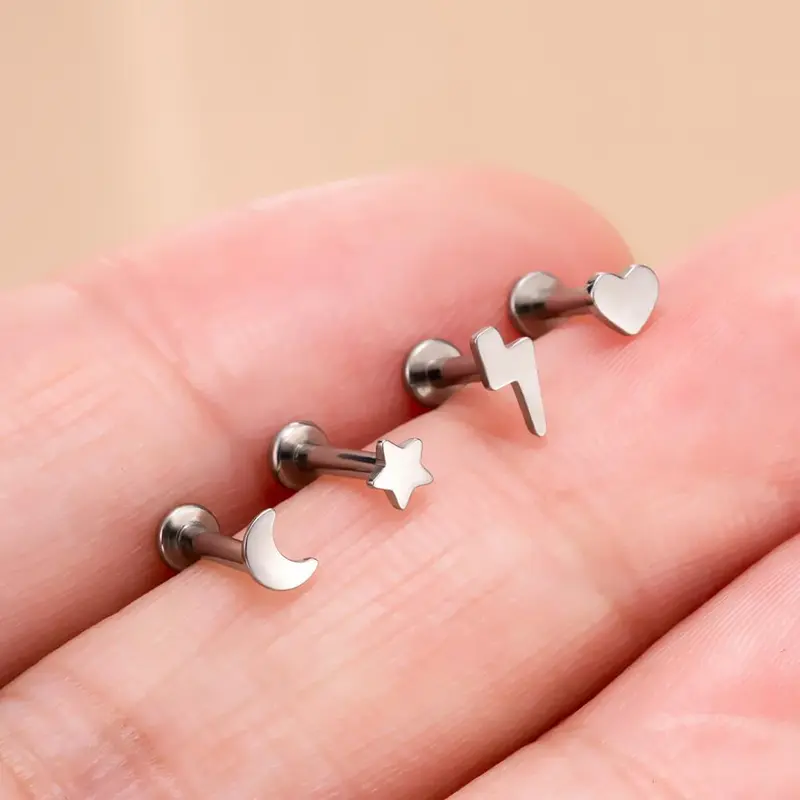 OUFER 16G Titanium Stud Earrings - 6mm Stack-Friendly Size, Internal Threading, Celestial Symbols, Lightning Bolt Design, Moon/Star/Heart Details, Secure Fit Unisex Helix Piercing Accessory