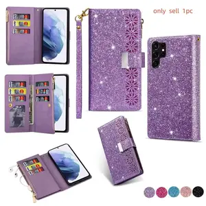 Wrist Strap Zipper Flip Protective Case For iPhone 17 Pro Max 16 Plus 15 14 13  Multi 9 Cards Glitter Leather Lanyard Wallet Cover