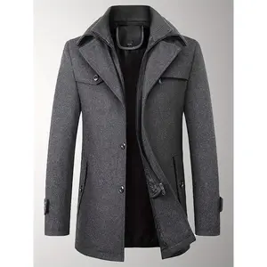 Men's Wool Blend Double Collar Pea Coat Casual Thermal Trench Coat With Removeable Collar Thicken Winter Warm Over Coat