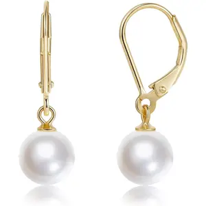 Pearl Earrings for Women Leverback Dangle Trendy Simulated Pearl Drop Earrings 14K Gold Plated Silver Cute Jewery for Women